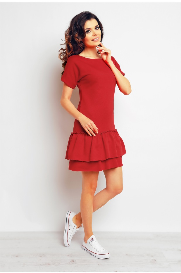 Bawełniana sukienka mini z falbanami i krótkimi rękawami, czerwona - prawo