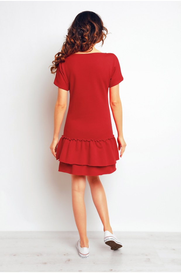 Bawełniana sukienka mini z falbanami i krótkimi rękawami, czerwona - góra