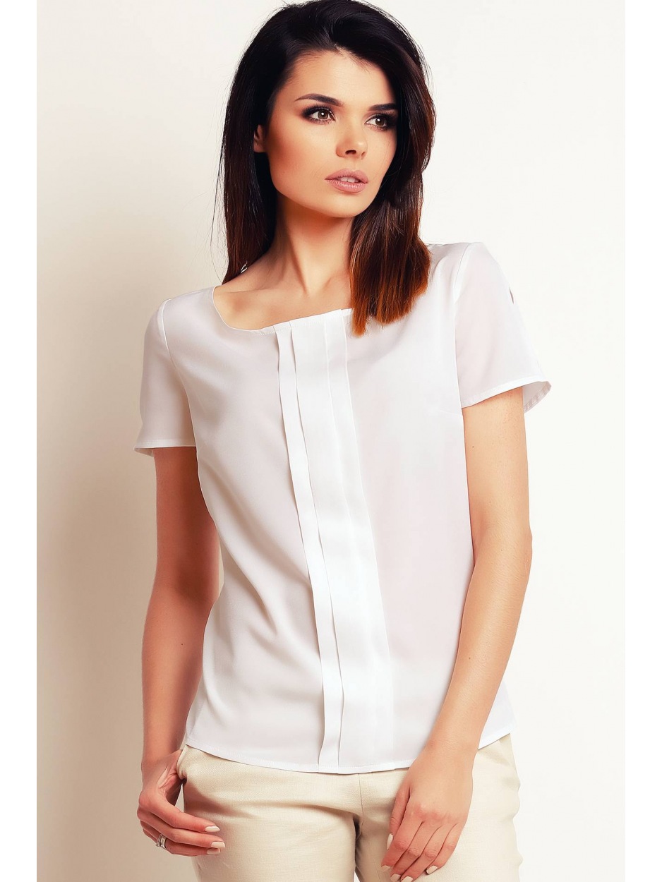 Luźna, zwiewna elegancka bluzka z plisą na przodzie i krótkimi rękawami, biała - tył