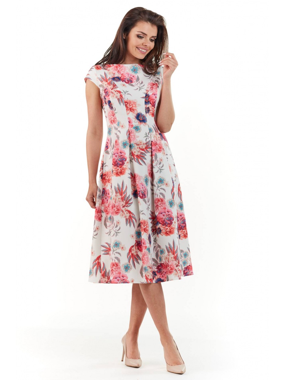 Sukienka M169 - Kolor/wzór: Kwiaty fuksja - przód