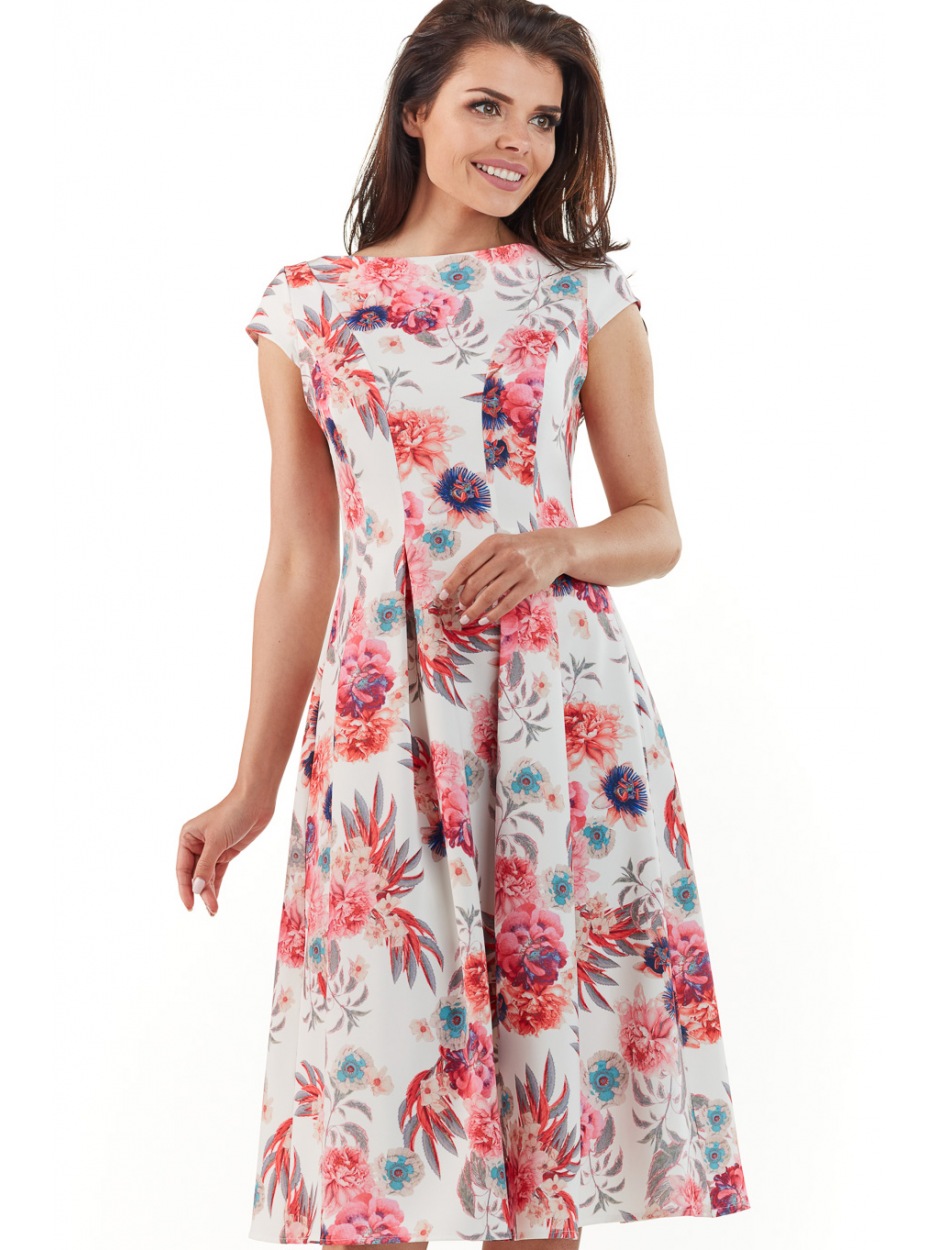 Sukienka M169 - Kolor/wzór: Kwiaty fuksja - góra