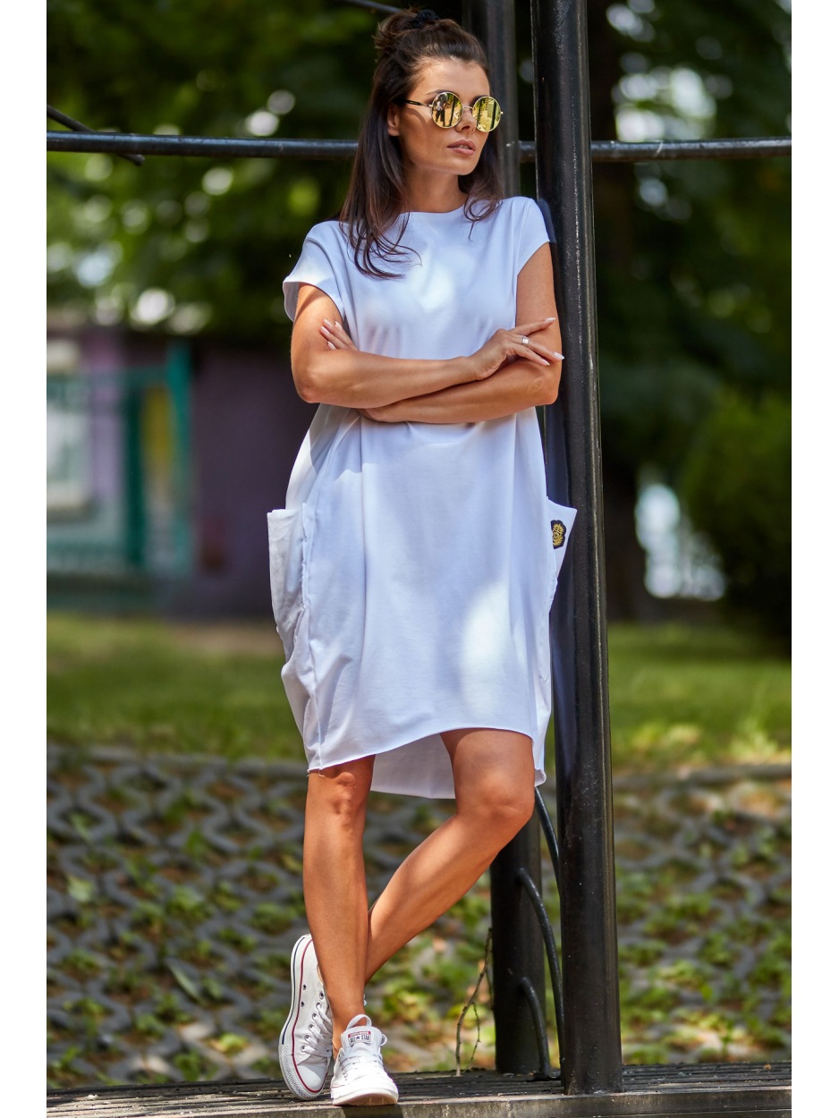 Oversizowa sukienka bombka bawełniana, biała - tył