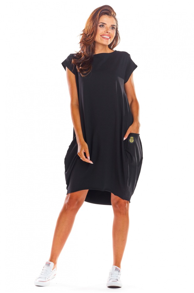 Oversizowa sukienka bombka bawełniana, czarna - przód
