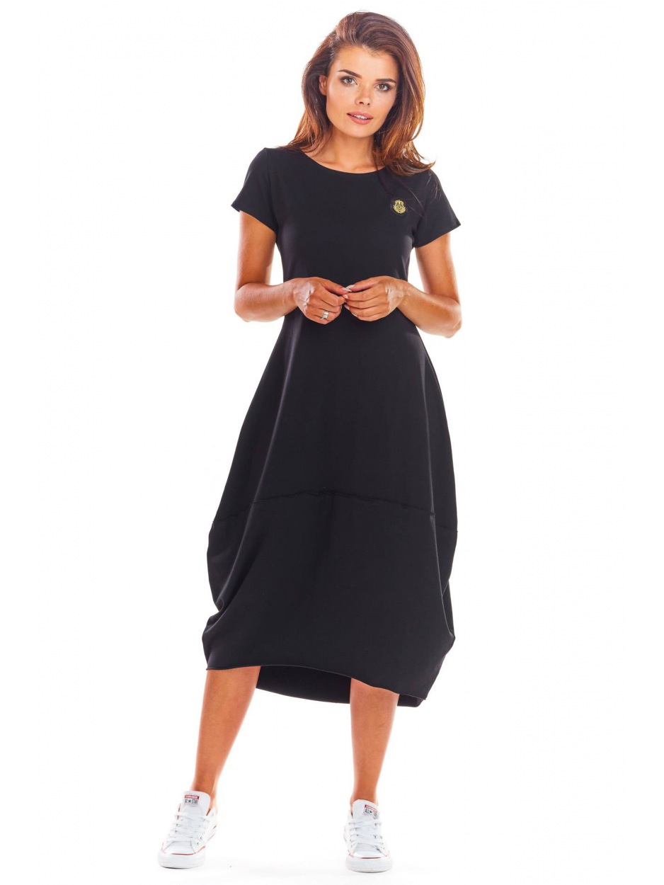 Bawełniana sukienka bombka midi z krótkim rękawem, czarna - tył
