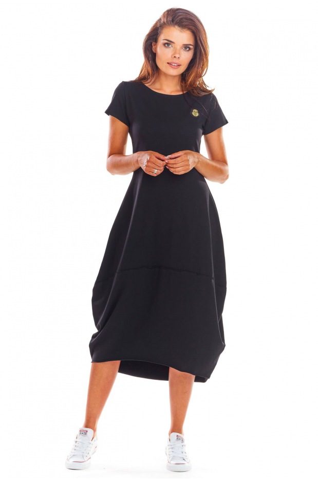 Bawełniana sukienka bombka midi z krótkim rękawem, czarna - tył