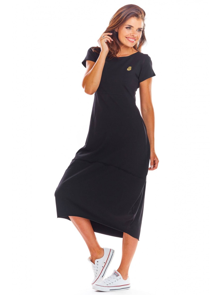 Bawełniana sukienka bombka midi z krótkim rękawem, czarna - przód