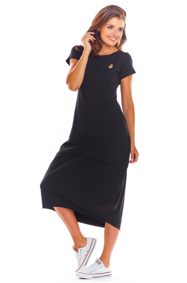 Bawełniana sukienka bombka midi z krótkim rękawem, czarna - przód