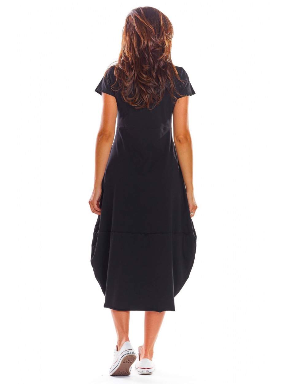 Bawełniana sukienka bombka midi z krótkim rękawem, czarna - bok