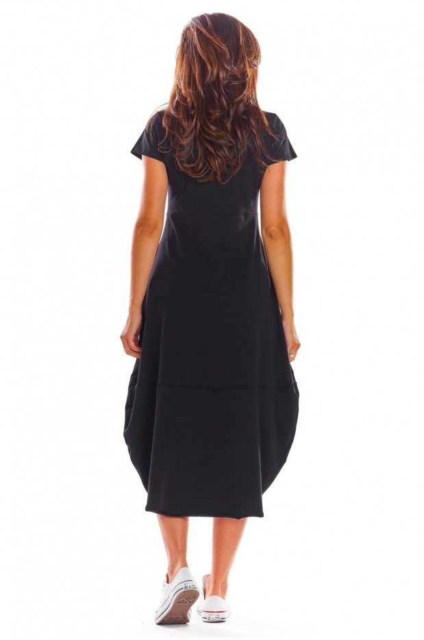 Bawełniana sukienka bombka midi z krótkim rękawem, czarna - bok