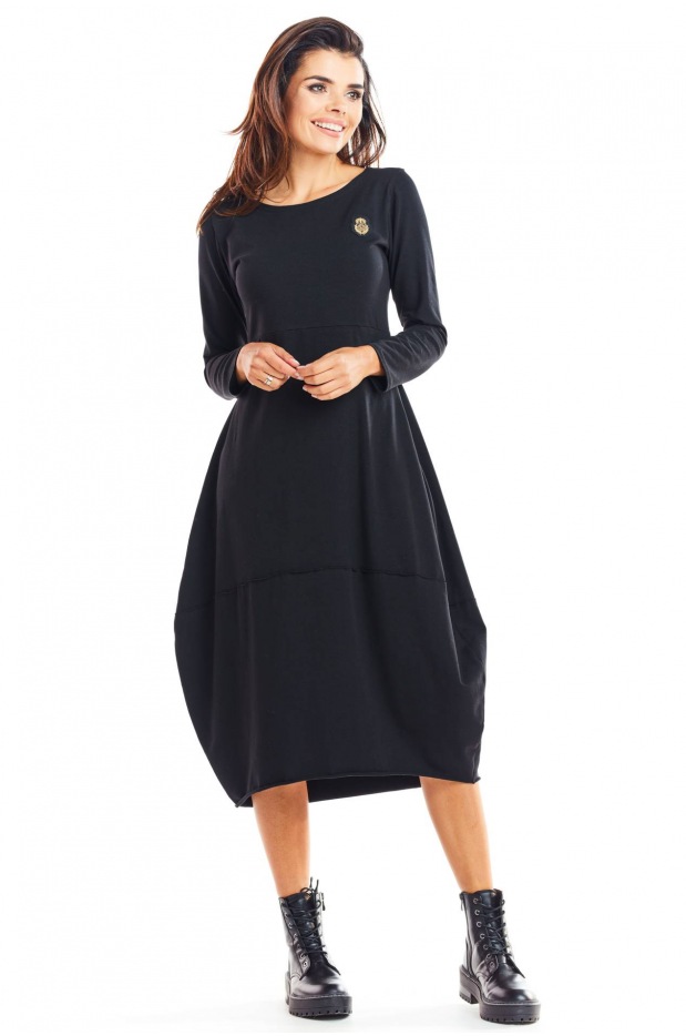 Bawełniana sukienka bombka midi z długimi rękawami, czarna - przód