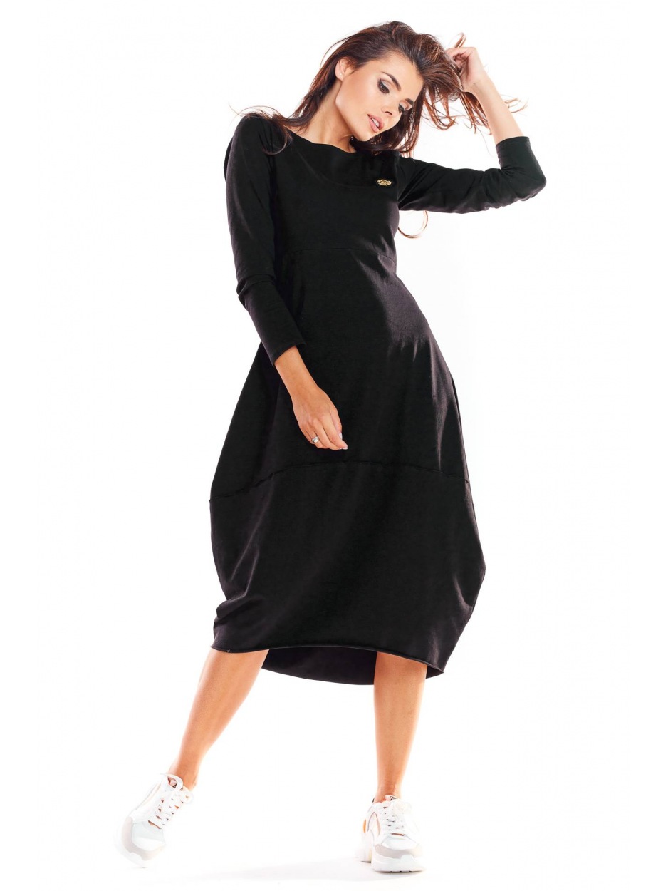 Bawełniana sukienka bombka midi z długimi rękawami, czarna - bok