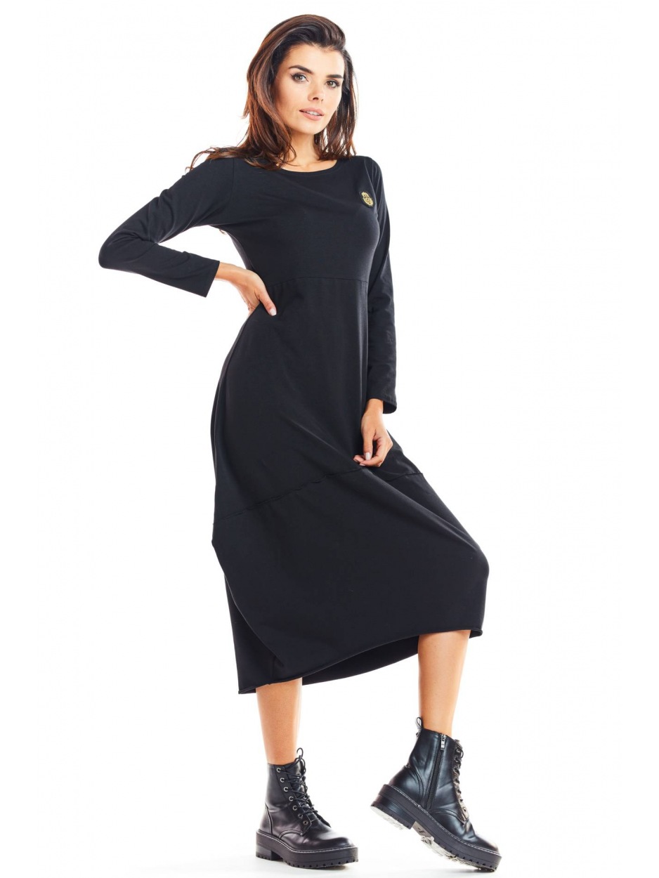 Bawełniana sukienka bombka midi z długimi rękawami, czarna - lewo