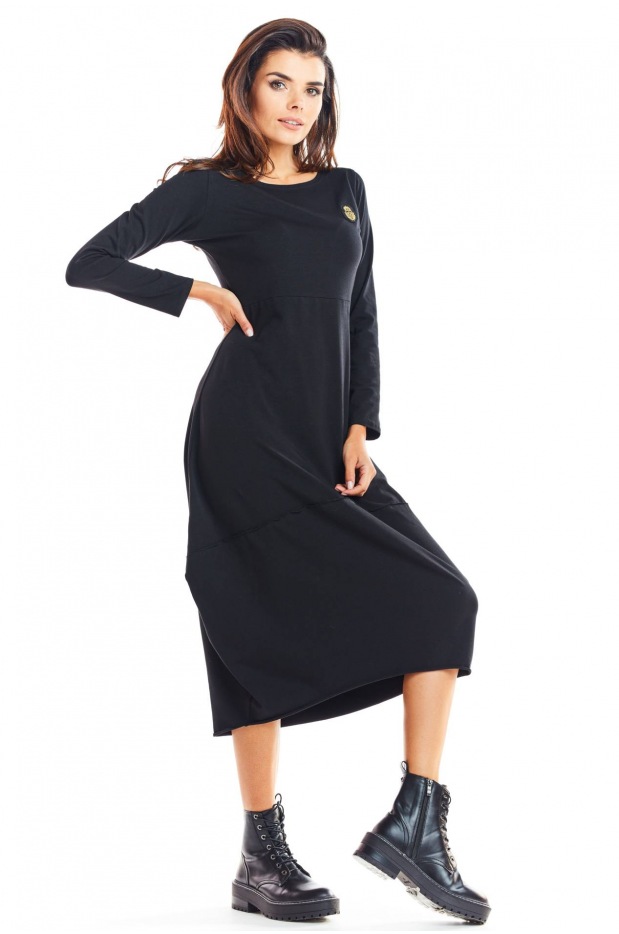 Bawełniana sukienka bombka midi z długimi rękawami, czarna - lewo
