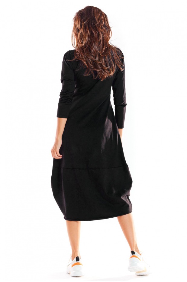Bawełniana sukienka bombka midi z długimi rękawami, czarna - prawo