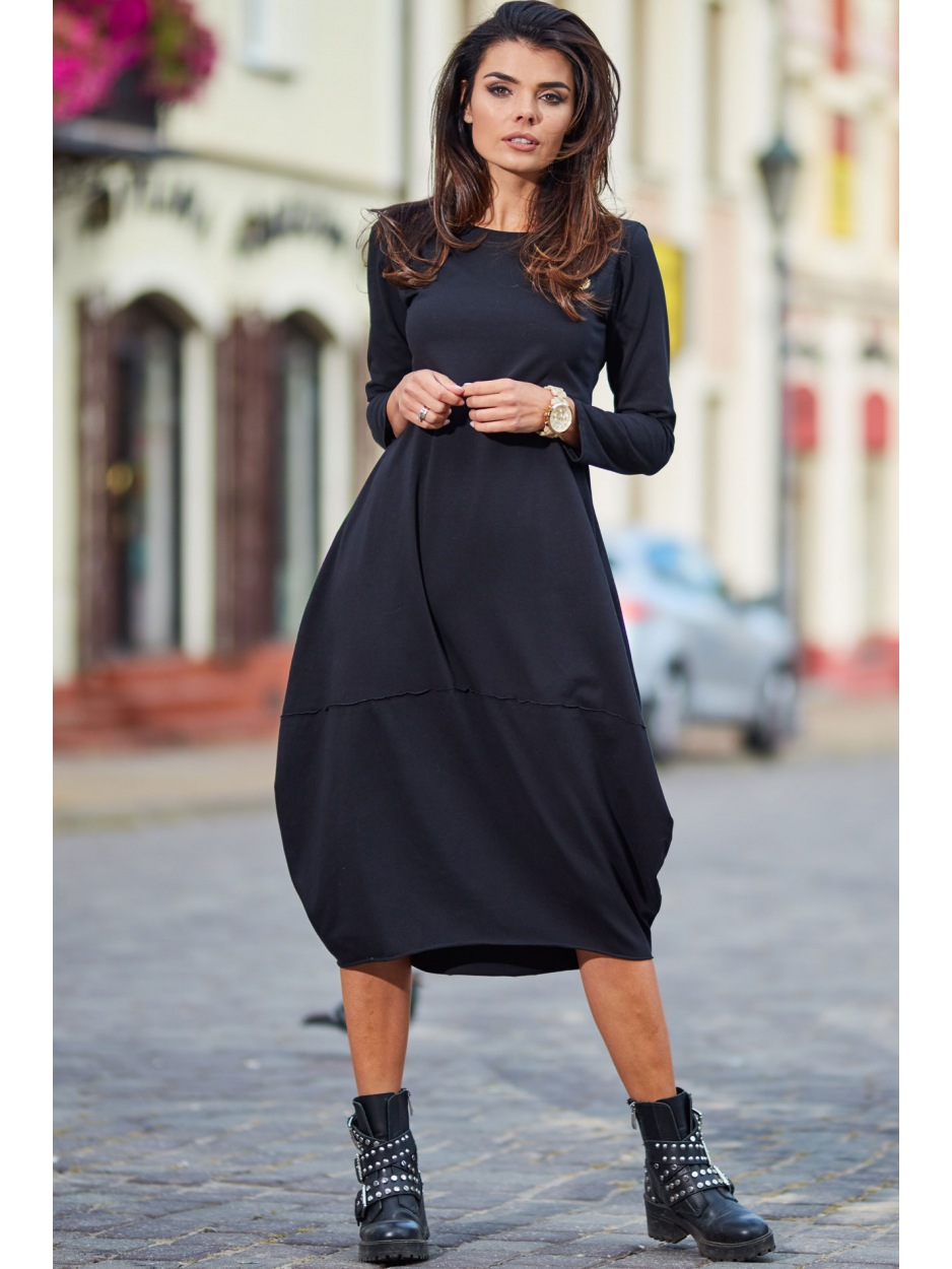 Bawełniana sukienka bombka midi z długimi rękawami, czarna - dół