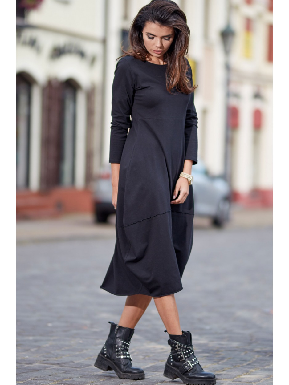 Bawełniana sukienka bombka midi z długimi rękawami, czarna - detal