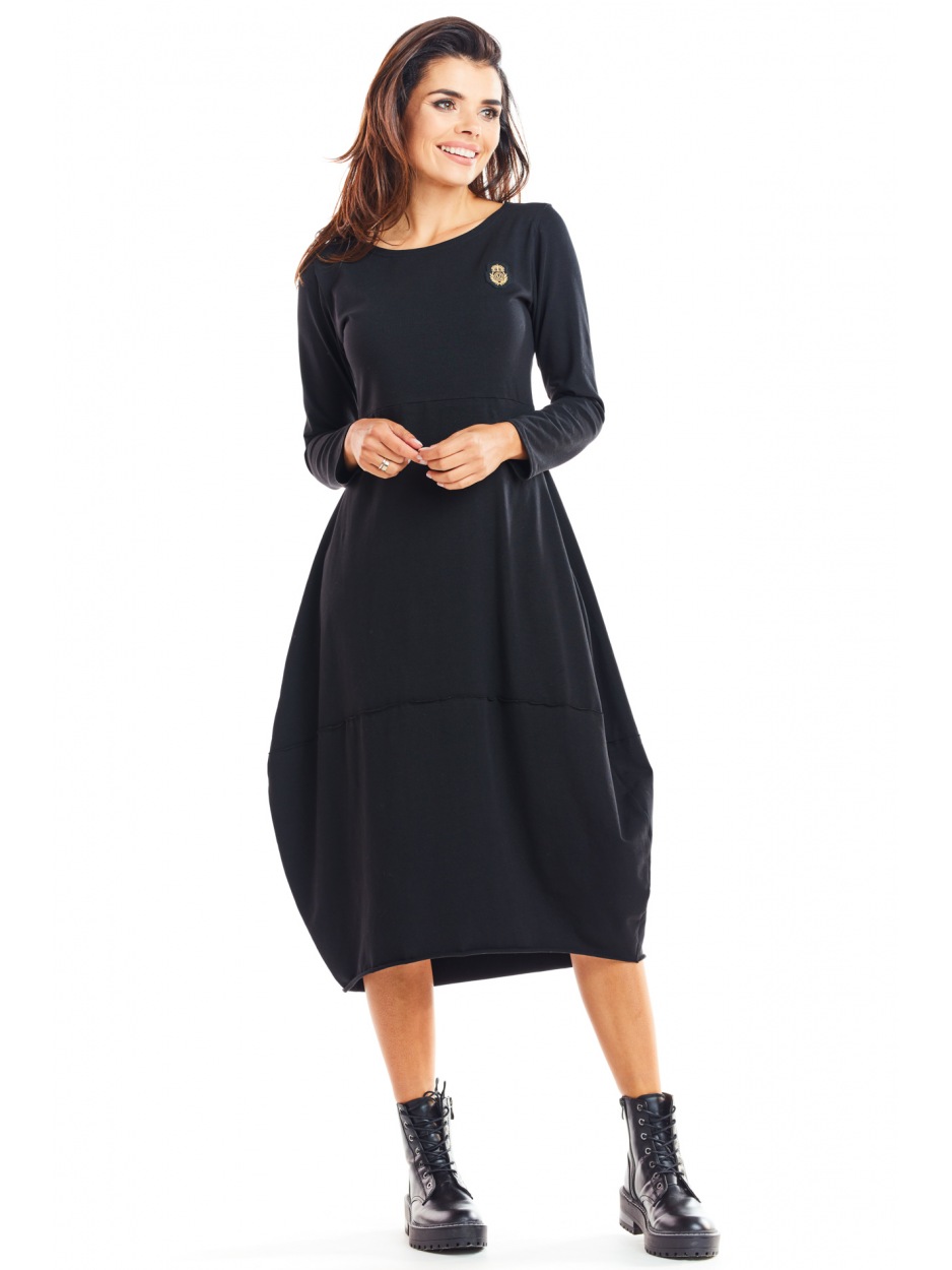 Bawełniana sukienka bombka midi z długimi rękawami, czarna - tył
