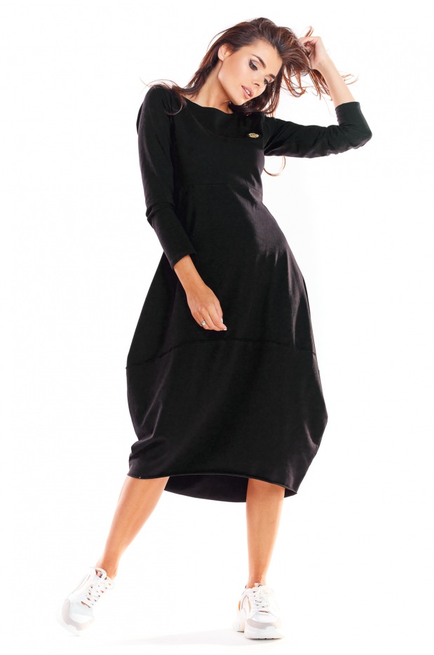 Bawełniana sukienka bombka midi z długimi rękawami, czarna - przód