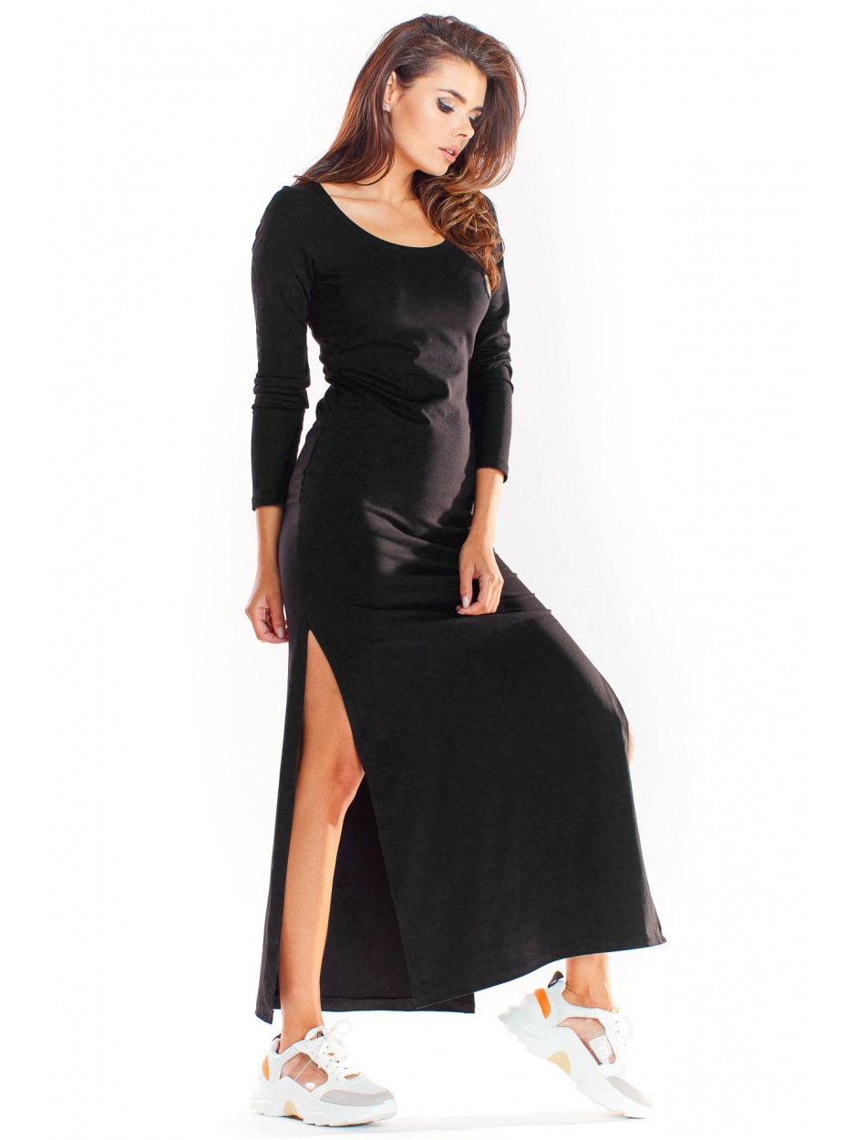 Bawełniana sukienka maxi dopasowana do sylwetki z długimi rękawami, czarna - tył