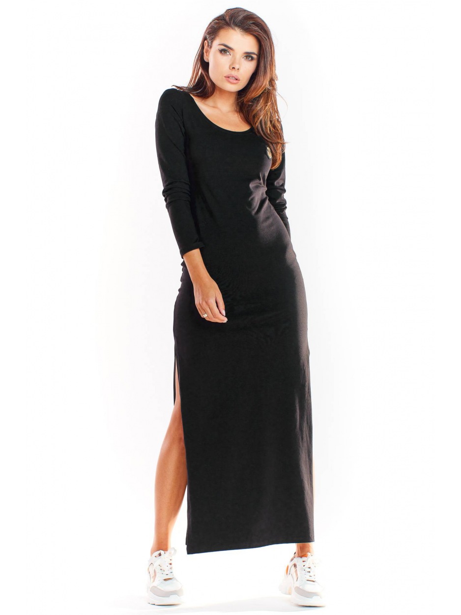 Bawełniana sukienka maxi dopasowana do sylwetki z długimi rękawami, czarna - przód