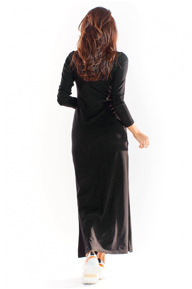 Bawełniana sukienka maxi dopasowana do sylwetki z długimi rękawami, czarna - bok