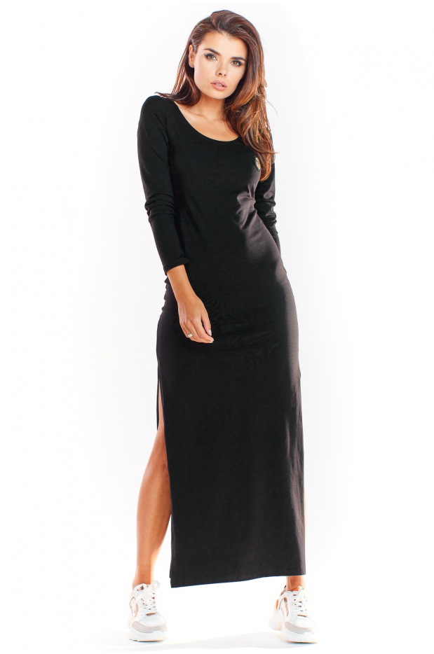 Bawełniana sukienka maxi dopasowana do sylwetki z długimi rękawami, czarna - lewo
