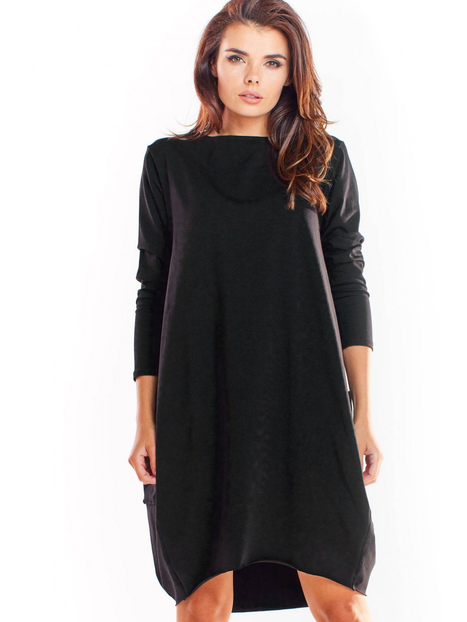 Oversizowa sukienka bombka z długimi rękawami z bawełnianej dzianiny, czarna - bok