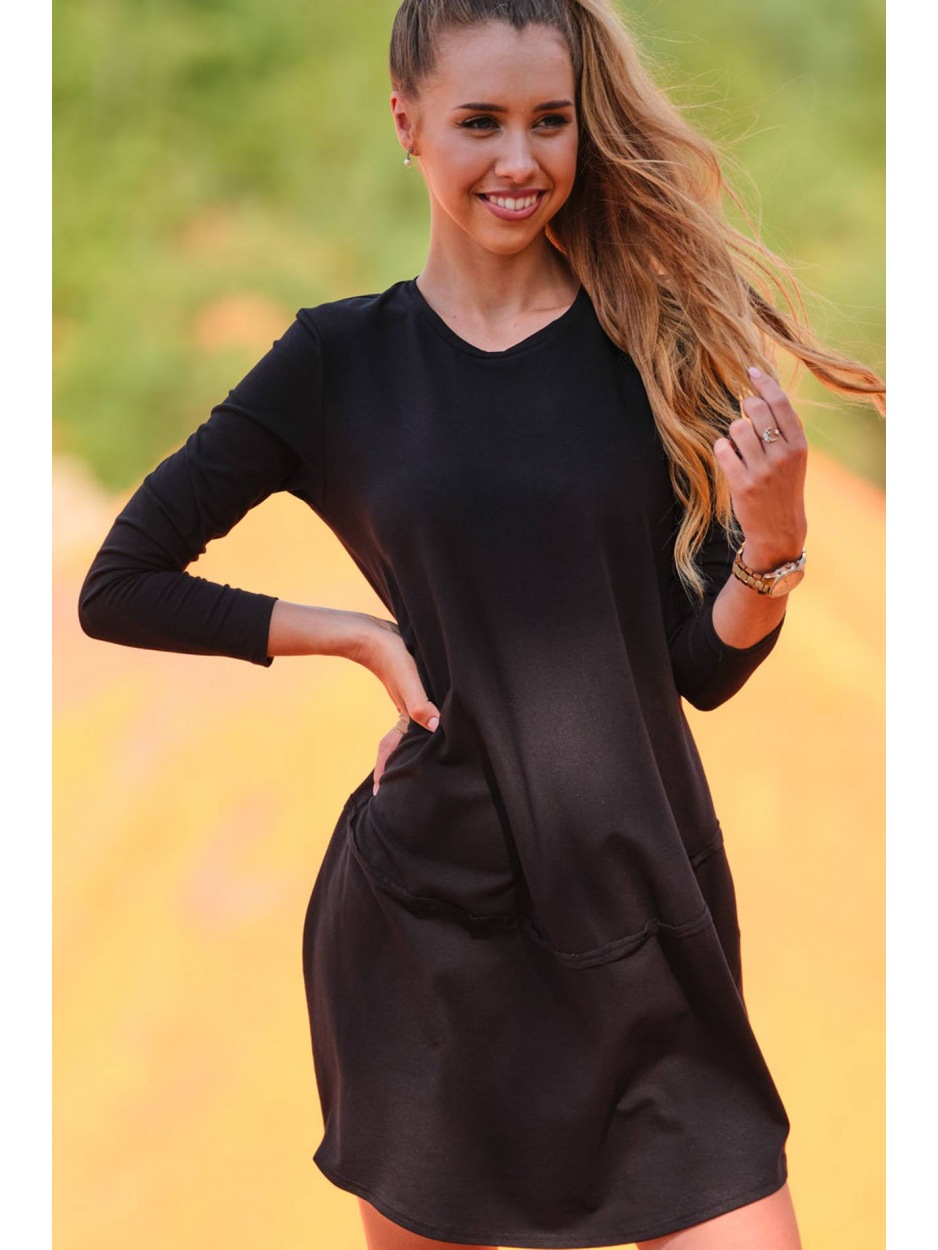 Bawełniana sukienka trapezowa z długim rękawem, czarna - tył
