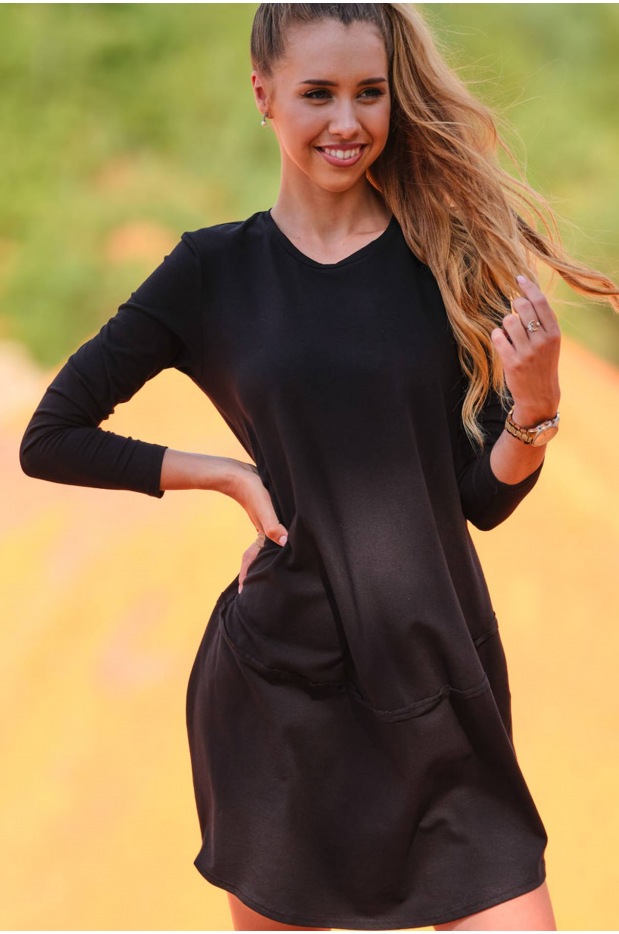 Bawełniana sukienka trapezowa z długim rękawem, czarna - tył