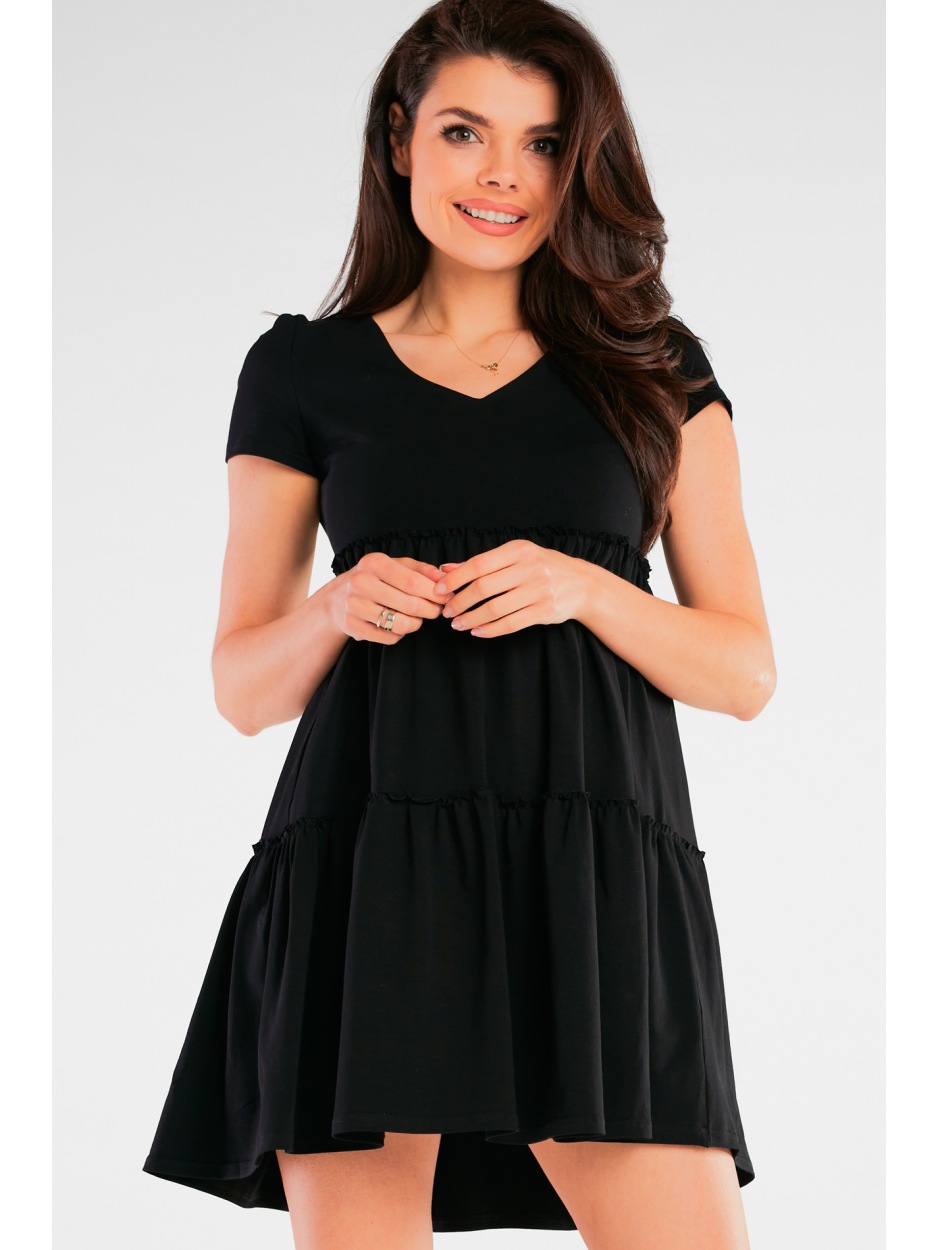 Dresowa sukienka mini o kroju A z bawełnianej dzianiny z krótkim rękawem, czarna - lewo