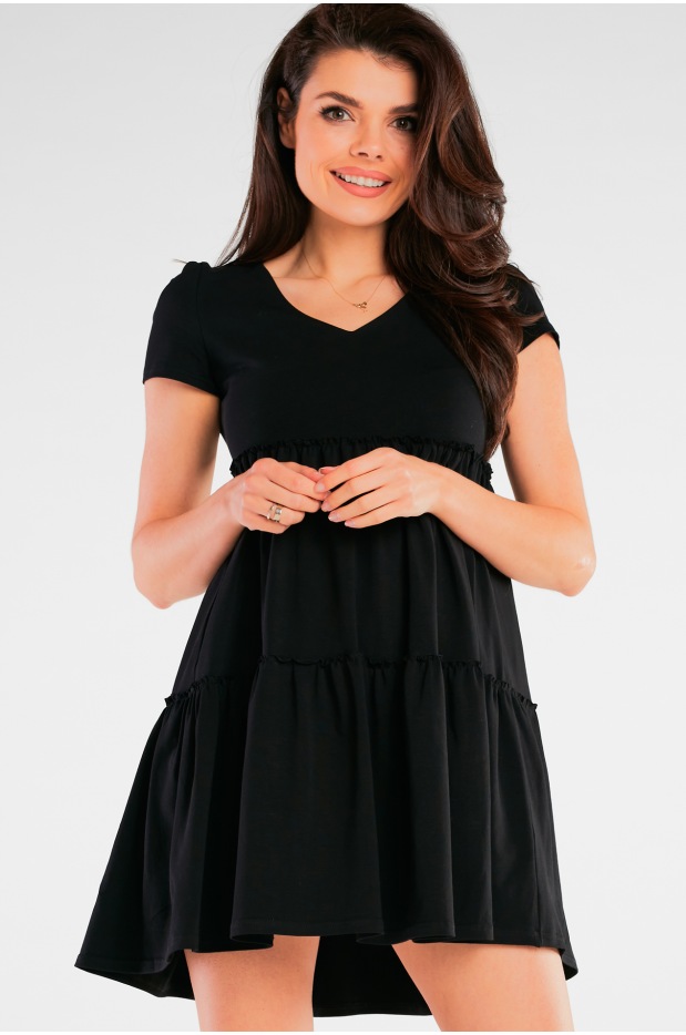 Dresowa sukienka mini o kroju A z bawełnianej dzianiny z krótkim rękawem, czarna - lewo