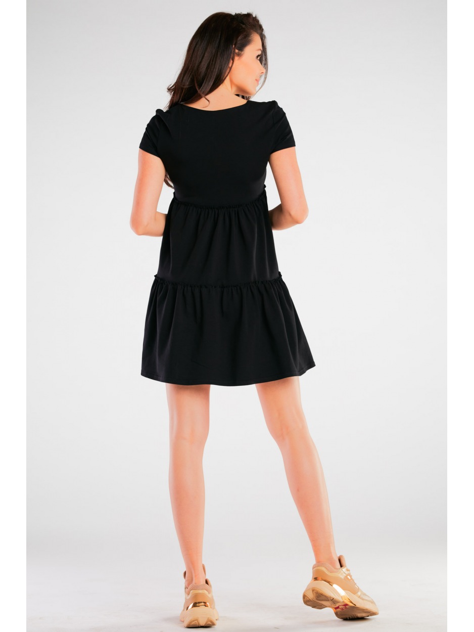 Dresowa sukienka mini o kroju A z bawełnianej dzianiny z krótkim rękawem, czarna - dół