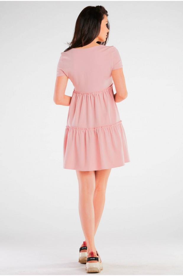 Dresowa sukienka mini o kroju A z bawełnianej dzianiny z krótkim rękawem, różowa - bok
