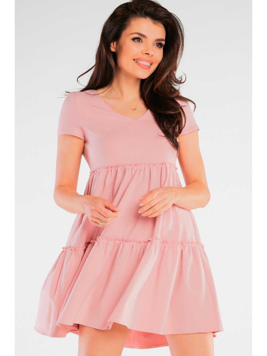 Dresowa sukienka mini o kroju A z bawełnianej dzianiny z krótkim rękawem, różowa - lewo