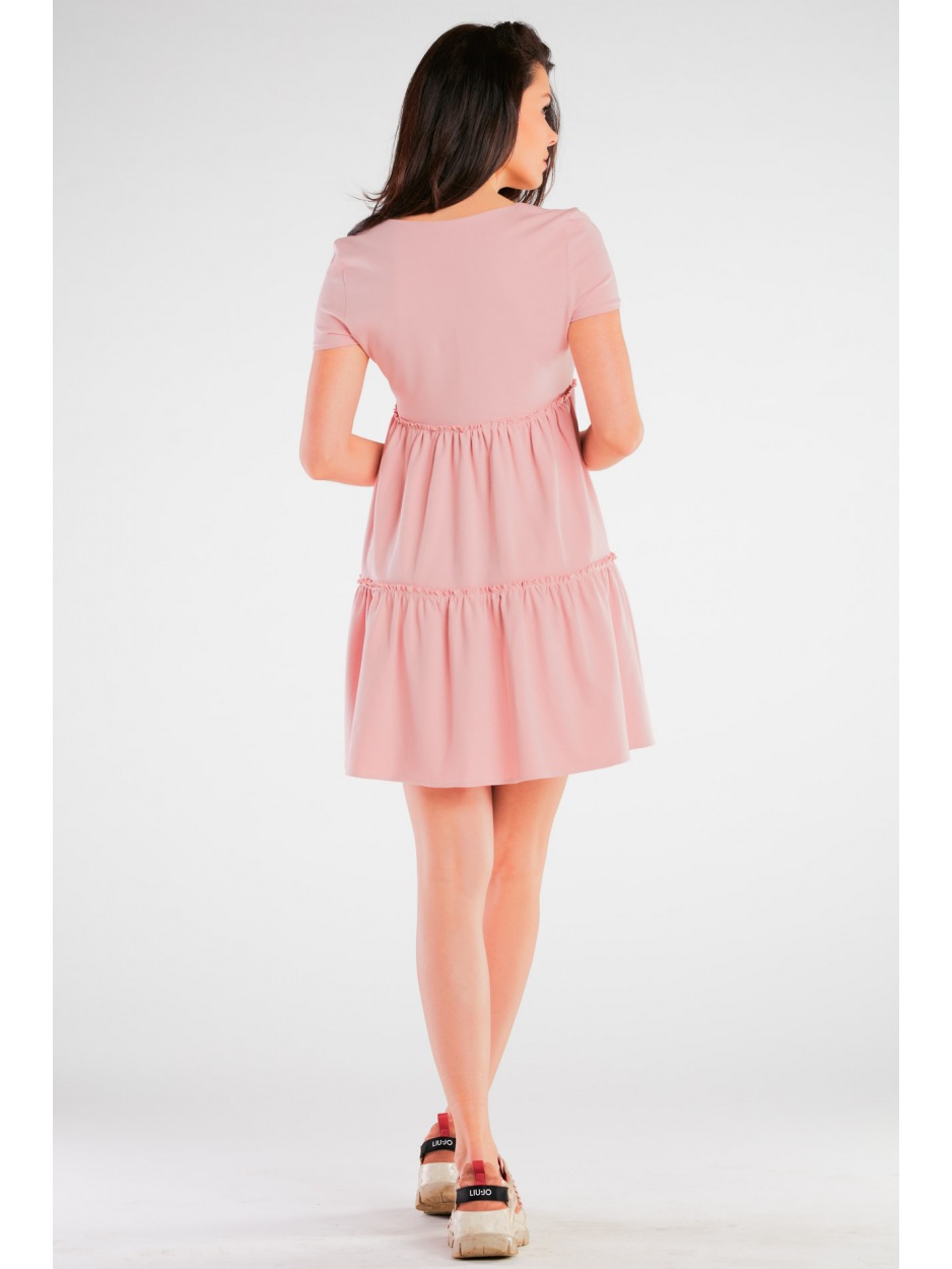 Dresowa sukienka mini o kroju A z bawełnianej dzianiny z krótkim rękawem, różowa - dół