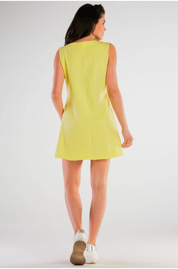 Dresowa sukienka mini o kroju A z bawełnianej dzianiny z krótkim rękawem, żółta - bok