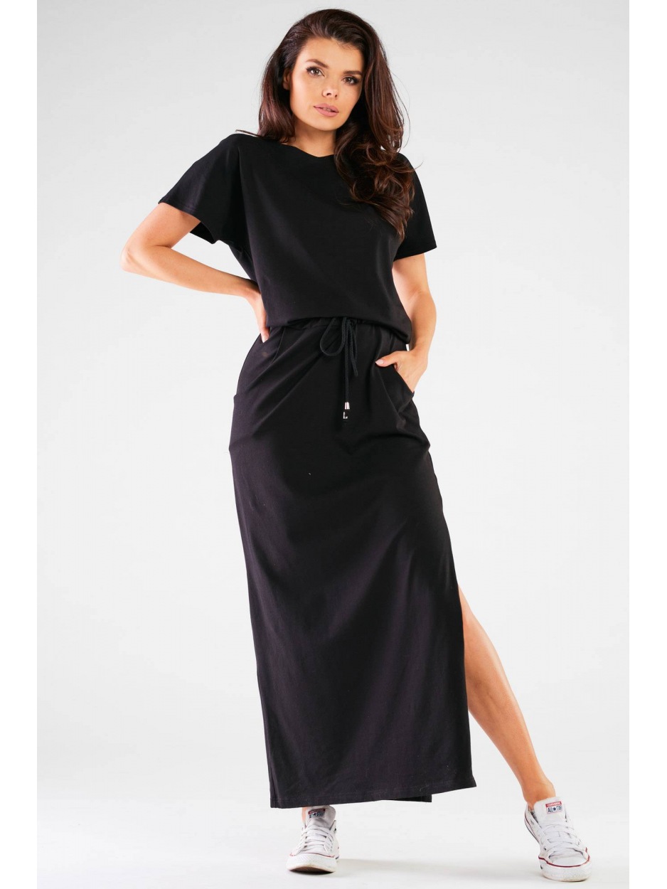 Bawełniana sukienka maxi z kimonowym krótkim rękawem, czarna - tył