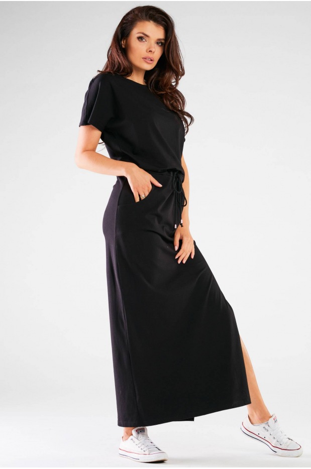 Bawełniana sukienka maxi z kimonowym krótkim rękawem, czarna - przód