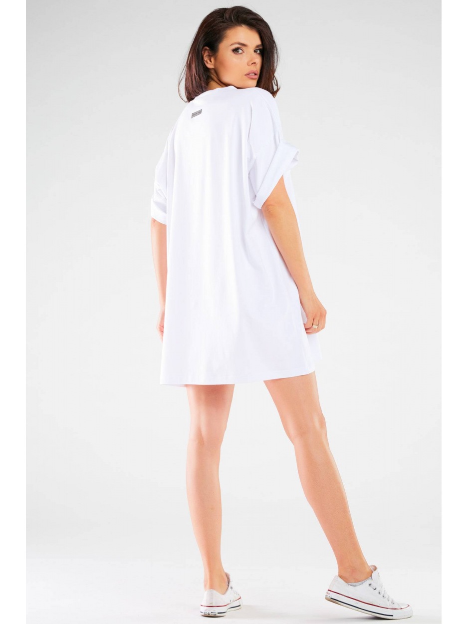 Oversizowa sukienka z krótkim rękawem z bawełny, biała - detal