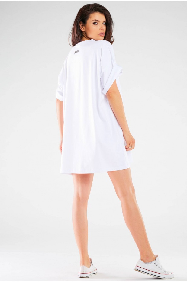 Oversizowa sukienka z krótkim rękawem z bawełny, biała - detal