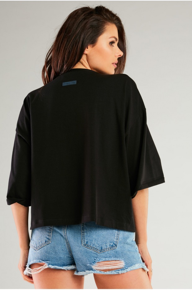 Oversizowy bawełniany t-shirt z bawełny, czarny - góra