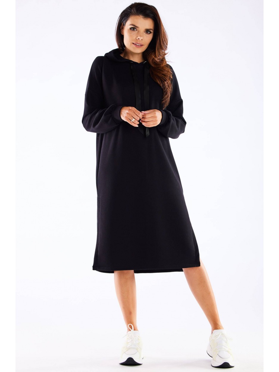 Sukienka dresowa streetwear z kapturem z dresówki, czarna - tył