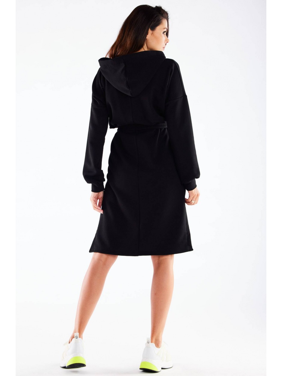 Sukienka dresowa streetwear z kapturem z dresówki, czarna - bok