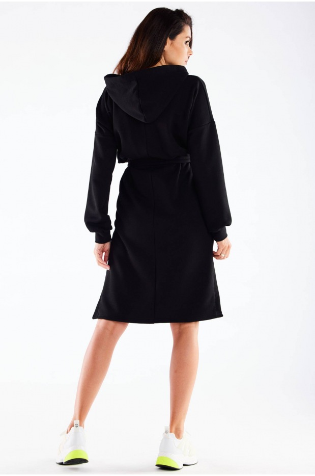Sukienka dresowa streetwear z kapturem z dresówki, czarna - bok