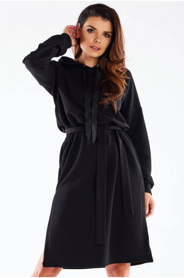 Sukienka dresowa streetwear z kapturem z dresówki, czarna - lewo
