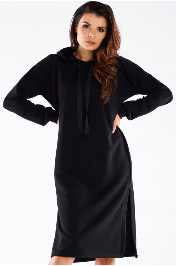 Sukienka dresowa streetwear z kapturem z dresówki, czarna - prawo