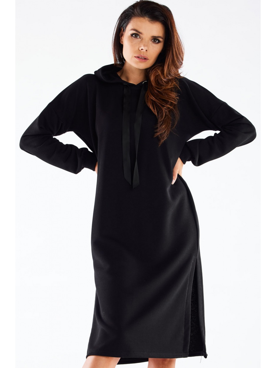 Sukienka dresowa streetwear z kapturem z dresówki, czarna - góra