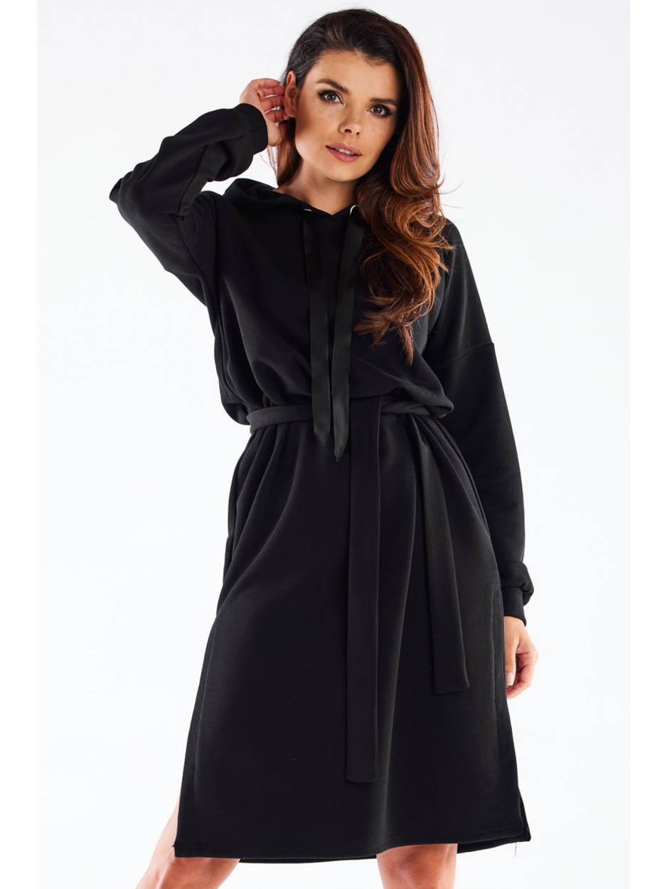 Sukienka dresowa streetwear z kapturem z dresówki, czarna - dół