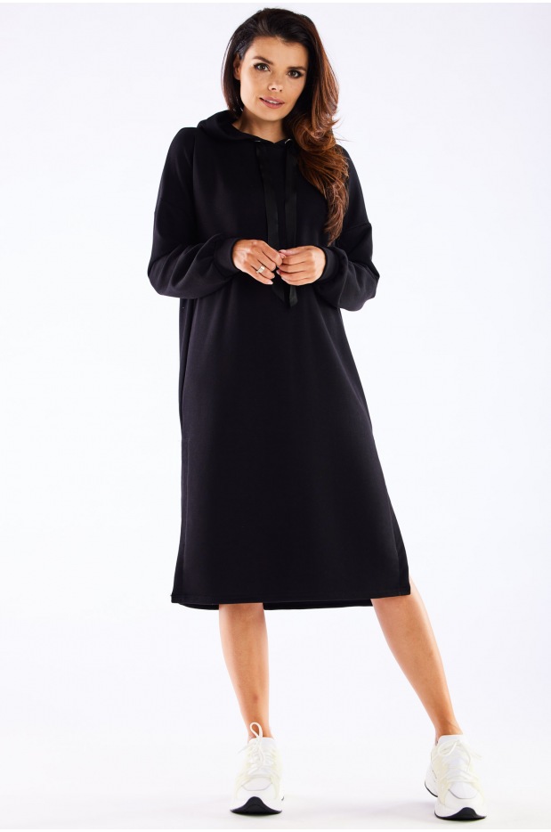 Sukienka dresowa streetwear z kapturem z dresówki, czarna - detal