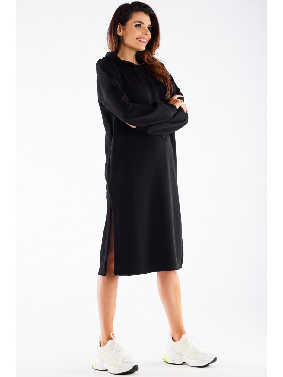 Sukienka dresowa streetwear z kapturem z dresówki, czarna - tył